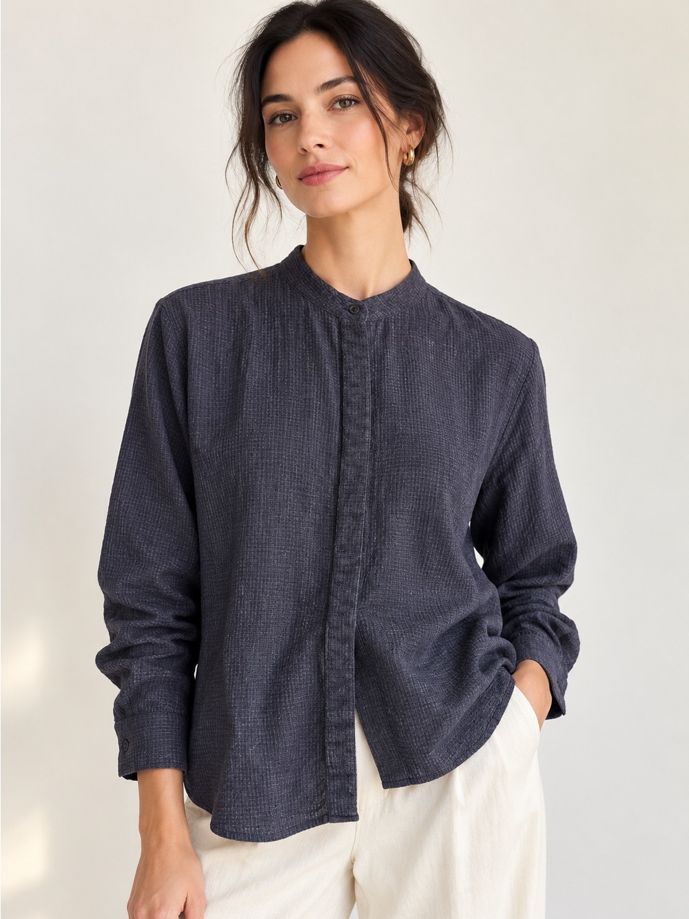 Creatures of Comfort Wool Button Up Shirt Charcoal Navy Made in NY Sz Large